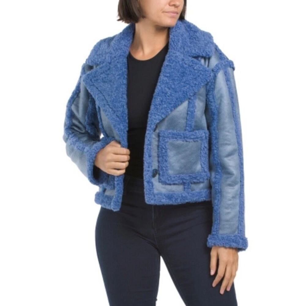 7 For All Mankind Stella Cerulean Blue Vegan Leather Faux Sherpa Cropped Sz XS